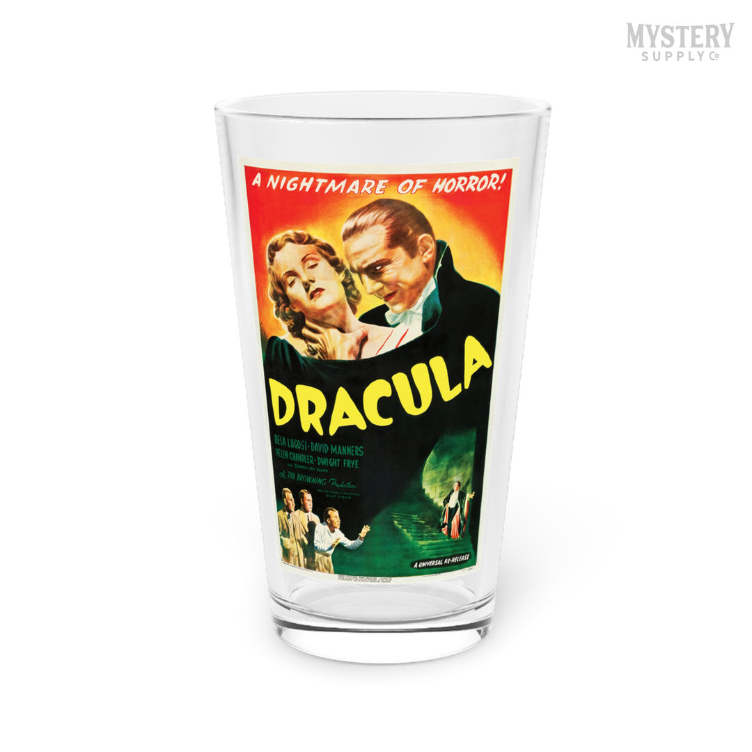 Dracula 1947 vintage horror Bela Lugosi vampire monster movie poster reproduction 16oz pint glass home decor glassware from Mystery Supply Co. @mysterysupplyco