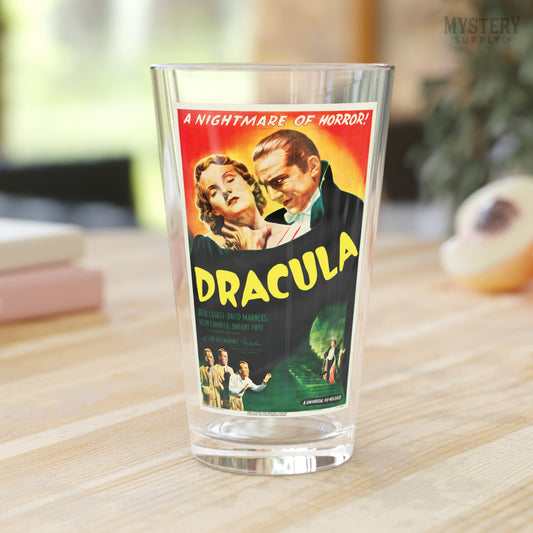 Dracula 1947 vintage horror Bela Lugosi vampire monster movie poster reproduction 16oz pint glass home decor glassware from Mystery Supply Co. @mysterysupplyco