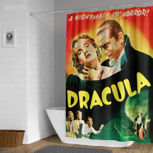 Dracula 1947 vintage horror Bela Lugosi vampire monster movie poster reproduction shower curtain bathroom decor from Mystery Supply Co. @mysterysupplyco