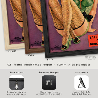 Framed artwork of legs in fishnet stockings with color options and frame details. Flirt August 1951 vintage pinup lingerie fishnet stockings heels corset pulp magazine cover reproduction from Mystery Supply Co. @mysterysupplyco