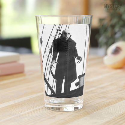 Nosferatu 1922 vintage horror monster vampire movie Dracula Count Orlok photo poster reproduction 16oz pint glass home decor glassware from Mystery Supply Co. @mysterysupplyco