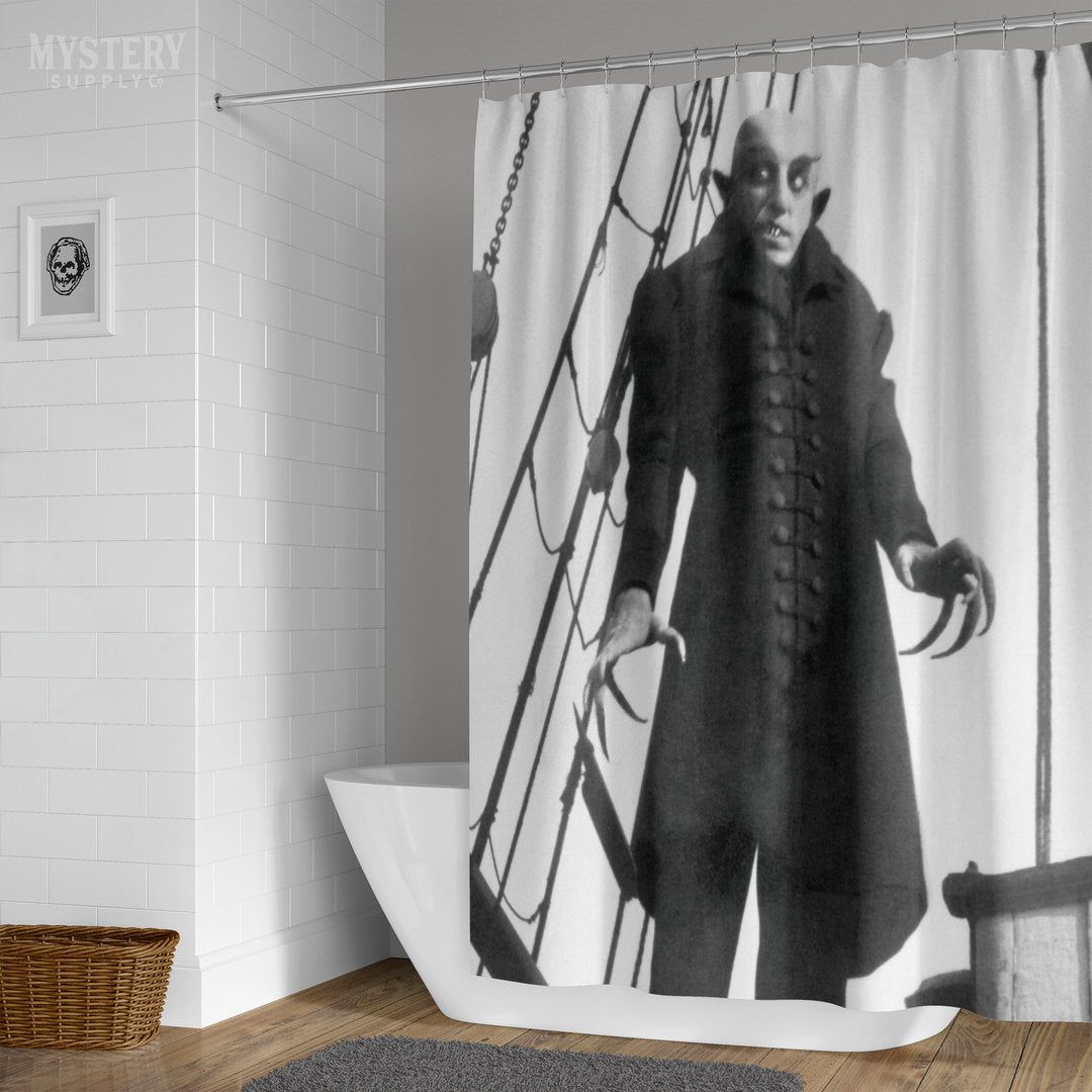 Nosferatu 1922 vintage horror monster vampire movie Dracula Count Orlok photo poster reproduction shower curtain bathroom decor from Mystery Supply Co. @mysterysupplyco