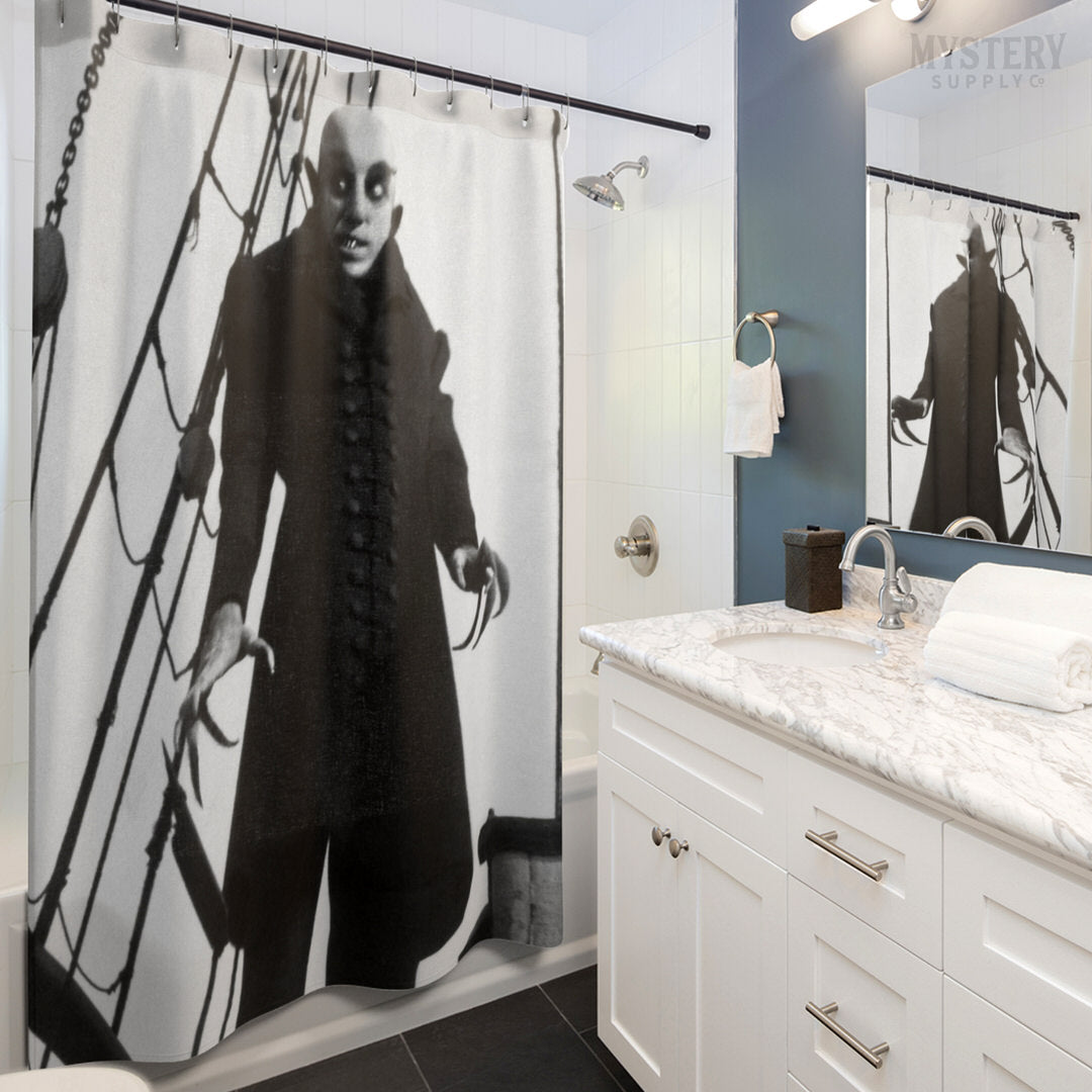 Nosferatu 1922 vintage horror monster vampire movie Dracula Count Orlok photo poster reproduction shower curtain bathroom decor from Mystery Supply Co. @mysterysupplyco