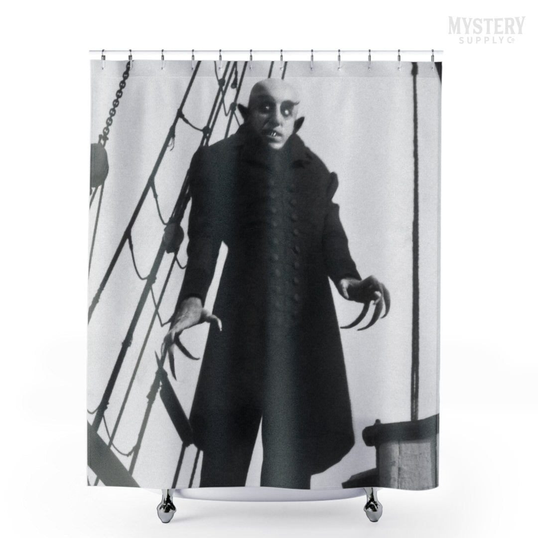 Nosferatu 1922 vintage horror monster vampire movie Dracula Count Orlok photo poster reproduction shower curtain bathroom decor from Mystery Supply Co. @mysterysupplyco