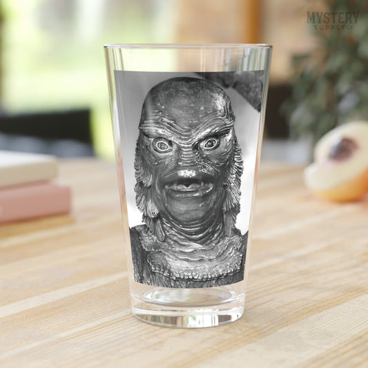 Creature from the Black Lagoon 1954 vintage horror monster gill man black and white photo reproduction 16oz pint glass home decor glassware from Mystery Supply Co. @mysterysupplyco