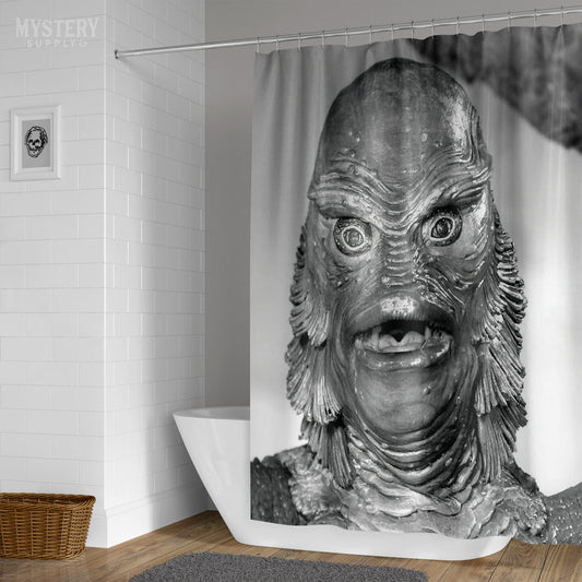 Creature from the Black Lagoon 1954 vintage horror monster gill man black and white photo reproduction shower curtain bathroom decor from Mystery Supply Co. @mysterysupplyco