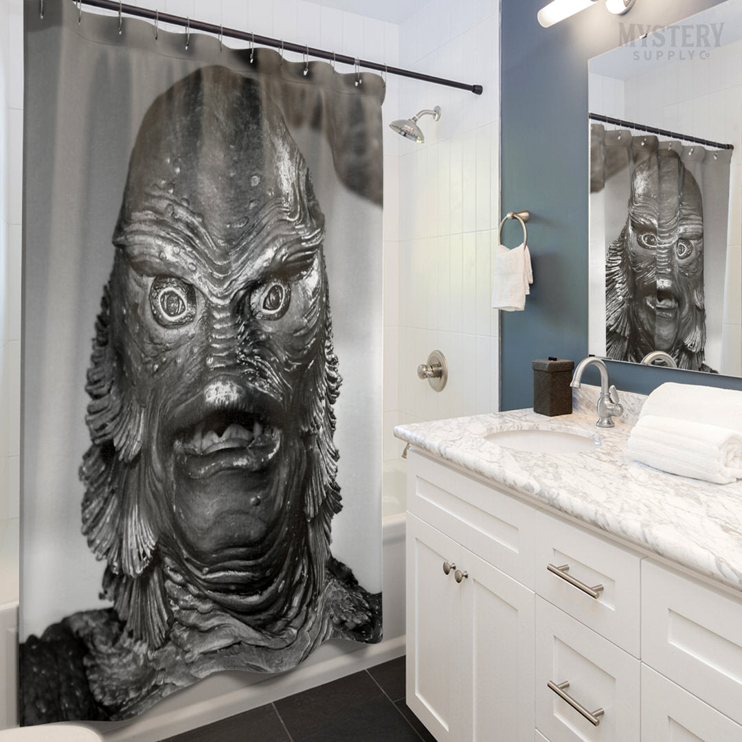 Creature from the Black Lagoon 1954 vintage horror monster gill man black and white photo reproduction shower curtain bathroom decor from Mystery Supply Co. @mysterysupplyco