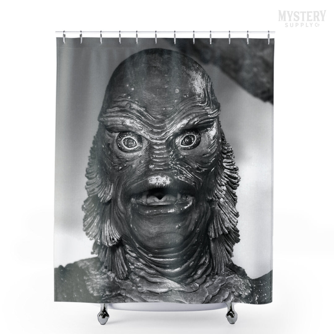 Creature from the Black Lagoon 1954 vintage horror monster gill man black and white photo reproduction shower curtain bathroom decor from Mystery Supply Co. @mysterysupplyco