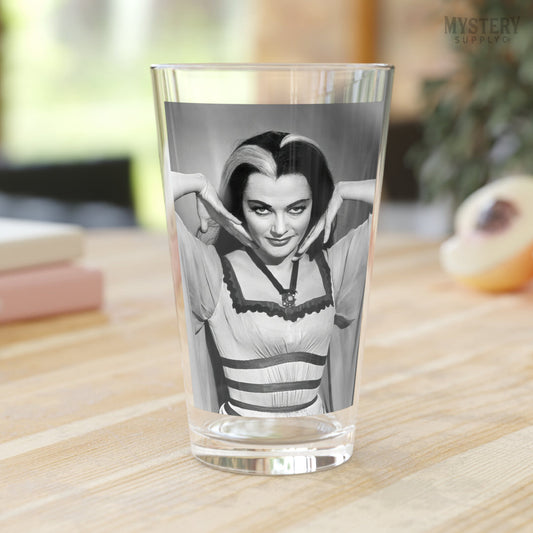 Lily Munster Yvonne De Carlo 1960s Vintage The Munsters Vampire Horror Monster Beauty Black and White Photo reproduction 16oz pint glass home decor glassware from Mystery Supply Co. @mysterysupplyco