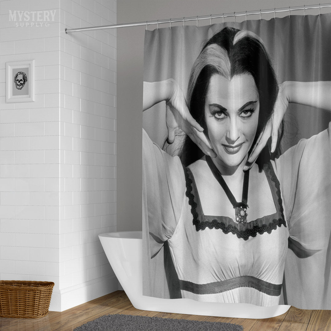 Lily Munster Yvonne De Carlo 1960s Vintage The Munsters Vampire Horror Monster Beauty Black and White Photo reproduction shower curtain bathroom decor from Mystery Supply Co. @mysterysupplyco