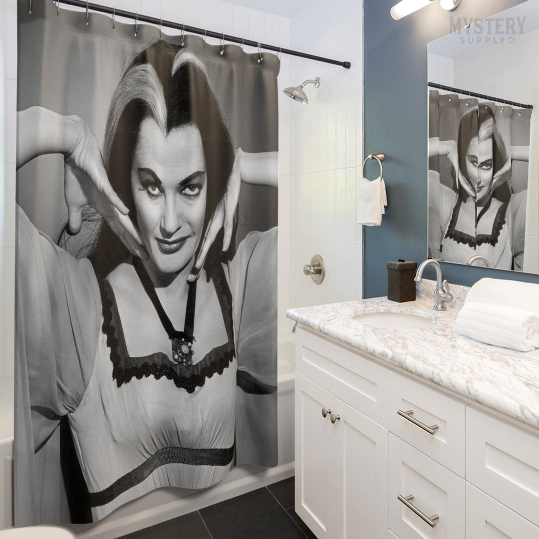 Lily Munster Yvonne De Carlo 1960s Vintage The Munsters Vampire Horror Monster Beauty Black and White Photo reproduction shower curtain bathroom decor from Mystery Supply Co. @mysterysupplyco