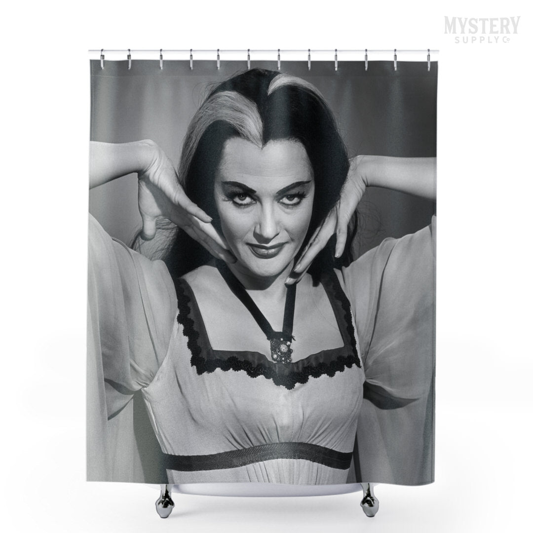 Lily Munster Yvonne De Carlo 1960s Vintage The Munsters Vampire Horror Monster Beauty Black and White Photo reproduction shower curtain bathroom decor from Mystery Supply Co. @mysterysupplyco