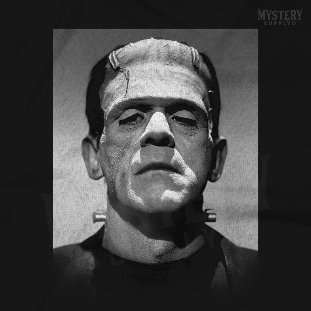 Frankenstein 1931 Vintage Horror Movie Monster Black and White Photo reproduction Mens Womens Unisex T-Shirt from Mystery Supply Co. @mysterysupplyco