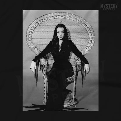 Morticia Addams Carolyn Jones 1960s Vintage Addams Family Witch Horror Monster Beauty Black and White Photo Mens Womens Unisex T-Shirt from Mystery Supply Co. @mysterysupplyco