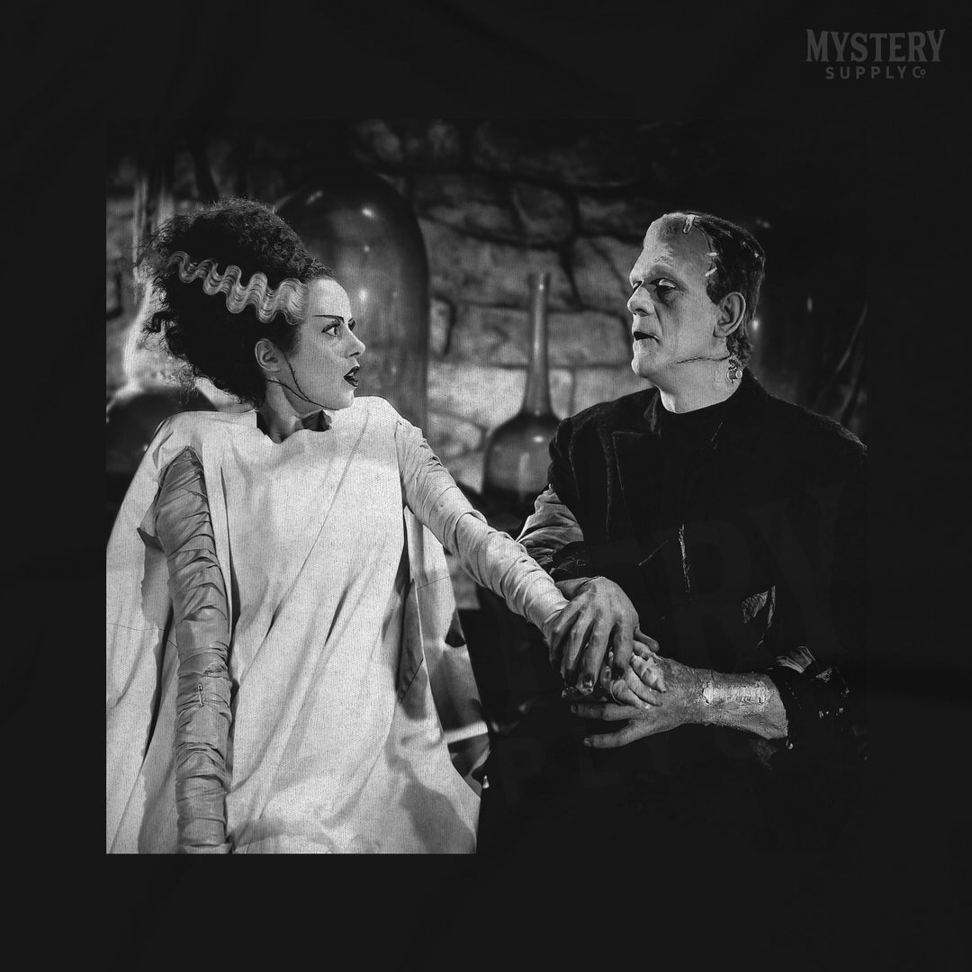 Bride of Frankenstein 1935 Vintage Horror Movie Monster Couple Black and White Photo Mens Womens Unisex T-Shirt from Mystery Supply Co. @mysterysupplyco