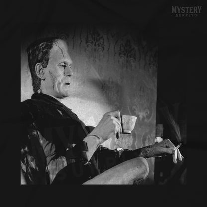 Frankenstein Vintage Boris Karloff Relaxing Smoking Drinking Tea Horror Movie Monster Black and White Mens Womens Unisex T-Shirt from Mystery Supply Co. @mysterysupplyco