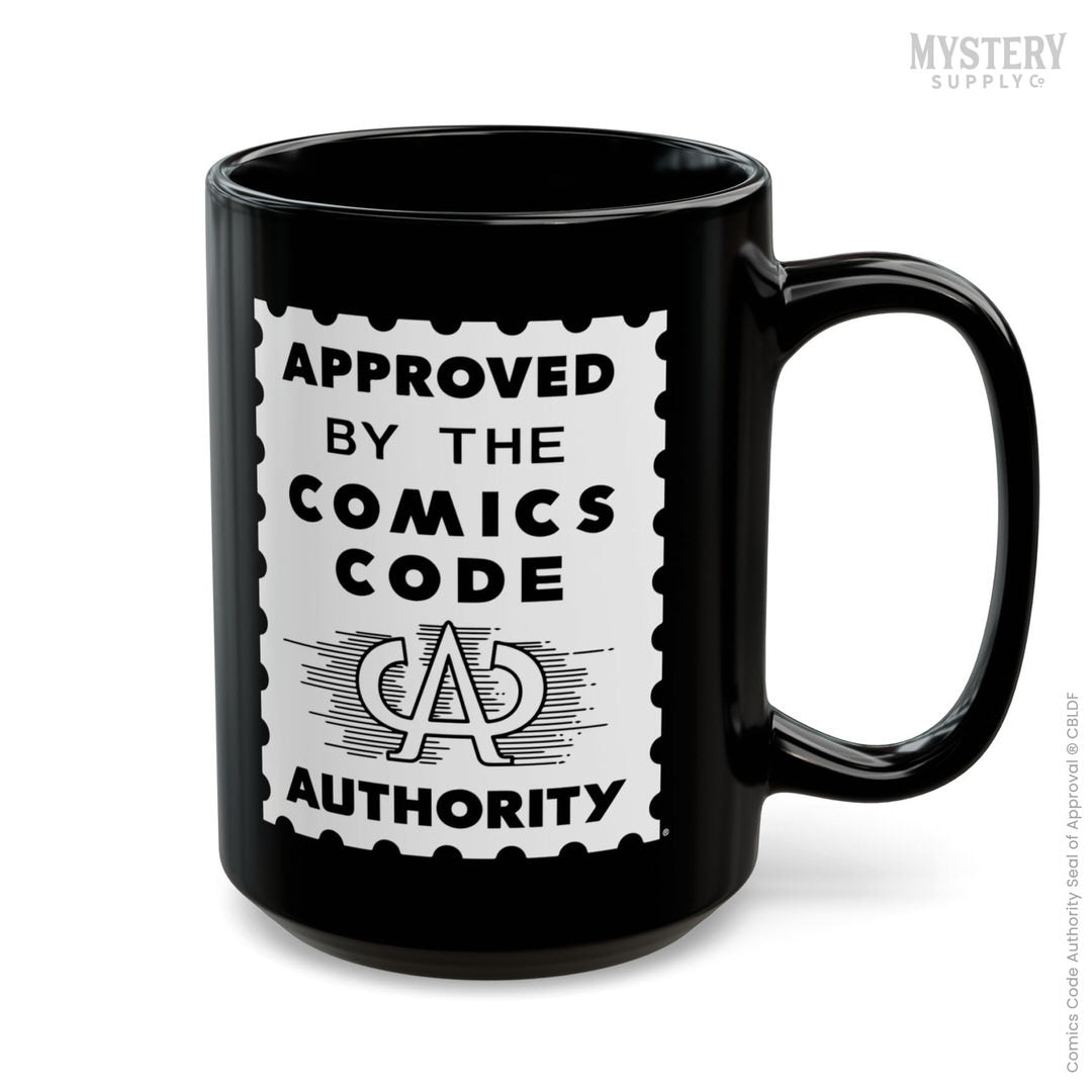 Approved by the Comics Code Authority 15oz black ceramic vintage comic book coffee mug from Mystery Supply Co. @mysterysupplyco