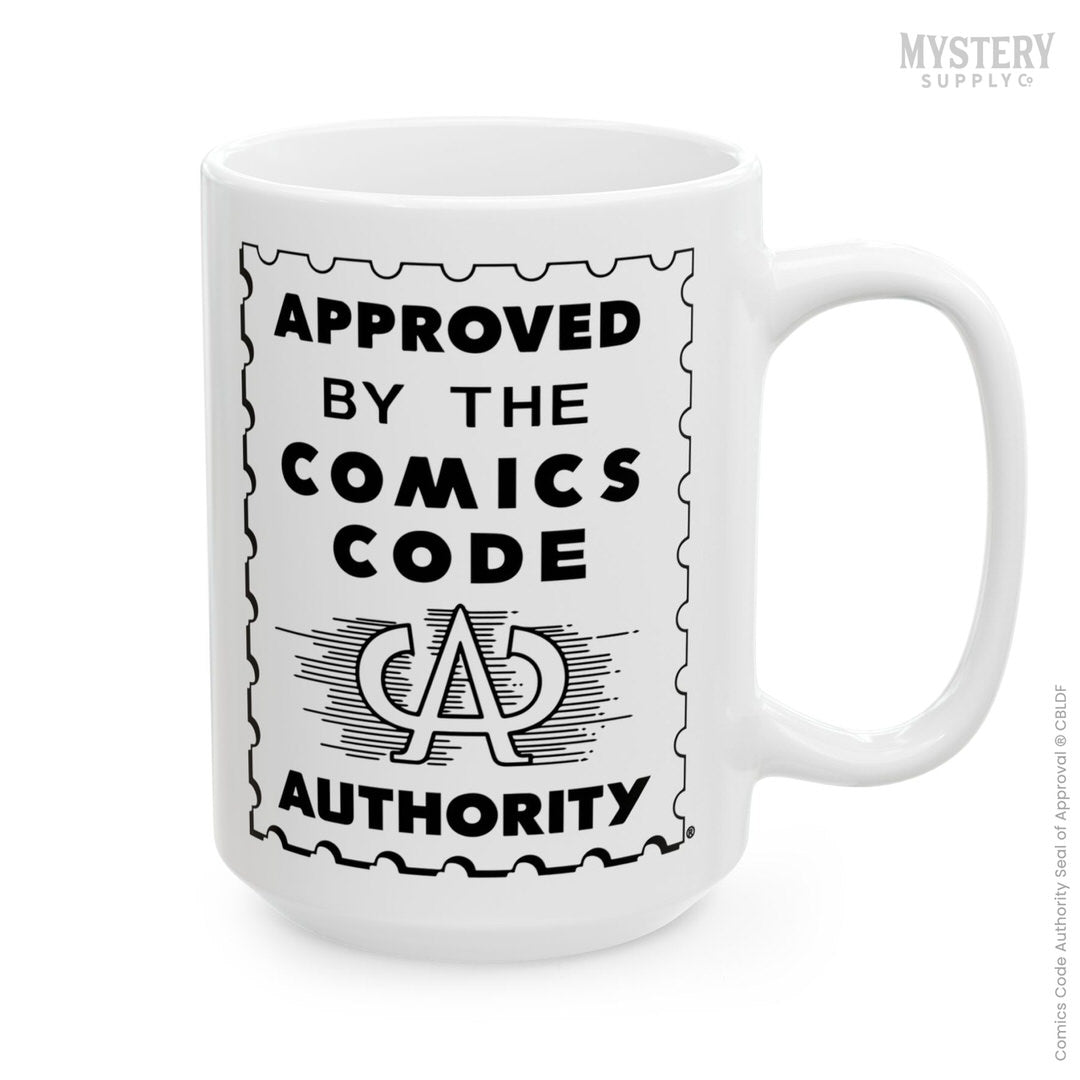 Approved by the Comics Code Authority 15oz white ceramic vintage comic book coffee mug from Mystery Supply Co. @mysterysupplyco