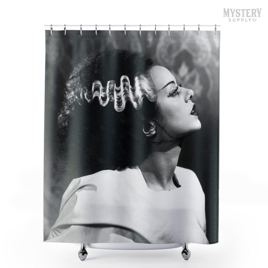 Bride of Frankenstein 1935 Vintage Horror Movie Monster Black and White Elsa Lanchester Profile Photo reproduction shower curtain bathroom decor from Mystery Supply Co. @mysterysupplyco