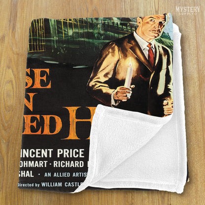 House on Haunted Hill 1959 vintage horror skeleton Vincent Price movie poster velveteen plush throw blanket from Mystery Supply Co. @mysterysupplyco