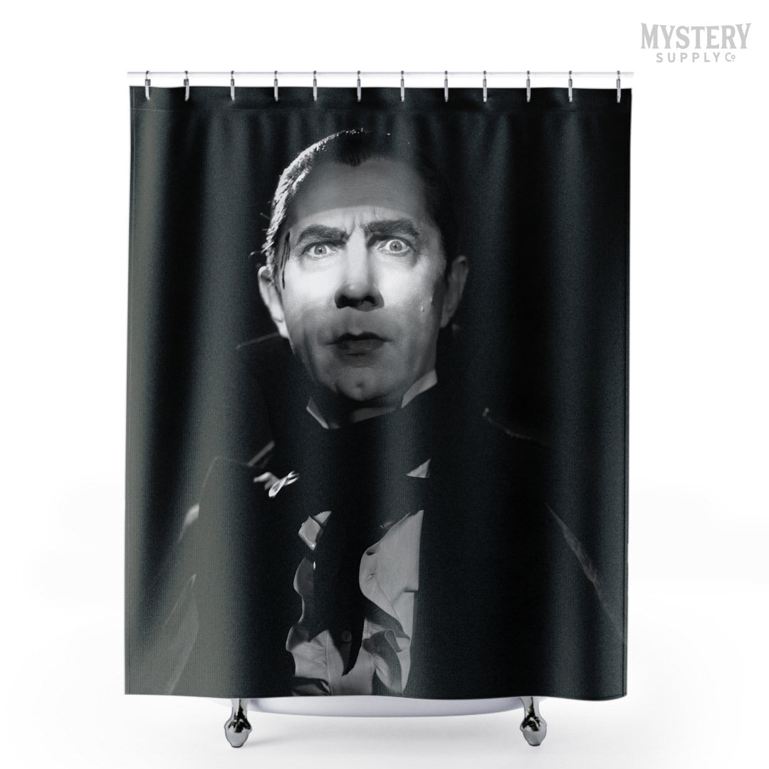 Dracula 1930s Vintage Bela Lugosi Horror Movie Vampire Monster Black and White Photo reproduction shower curtain bathroom decor from Mystery Supply Co. @mysterysupplyco