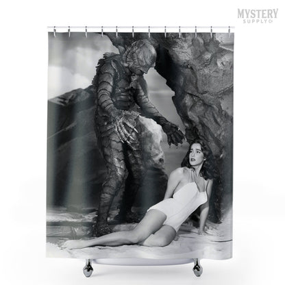 Creature from the Black Lagoon 1954 vintage horror monster Julie Adams swim suit and the gill man black and white photo reproduction shower curtain bathroom decor from Mystery Supply Co. @mysterysupplyco