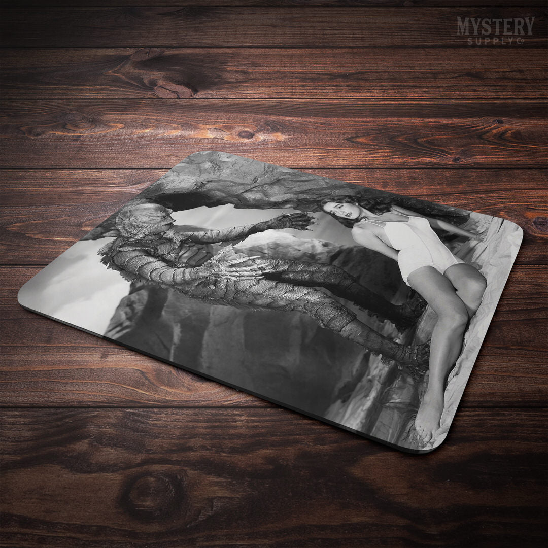 Creature from the Black Lagoon 1954 vintage horror monster Julie Adams swimsuit and the gill man black and white photo reproduction mousepad from Mystery Supply Co. @mysterysupplyco