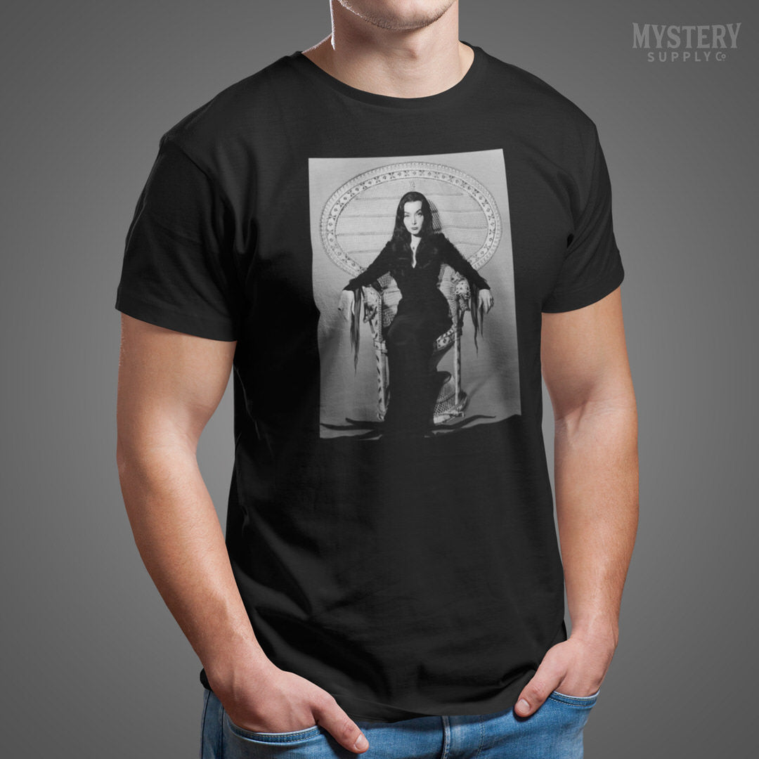 Morticia Addams Carolyn Jones 1960s Vintage Addams Family Witch Horror Monster Beauty Black and White Photo Mens Womens Unisex T-Shirt from Mystery Supply Co. @mysterysupplyco