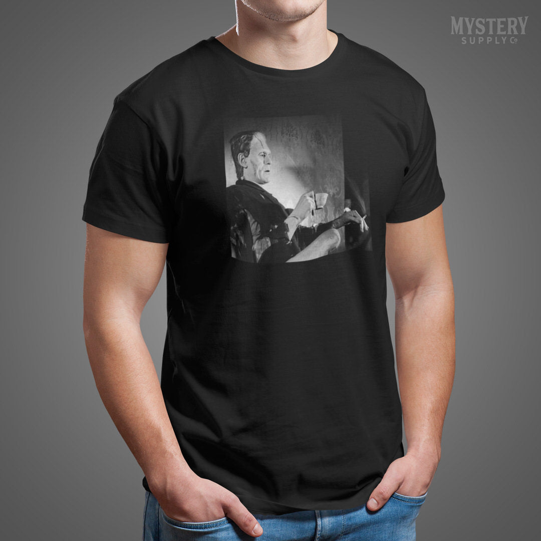 Frankenstein Vintage Boris Karloff Relaxing Smoking Drinking Tea Horror Movie Monster Black and White Mens Womens Unisex T-Shirt from Mystery Supply Co. @mysterysupplyco