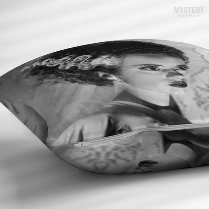 Bride of Frankenstein 1935 Vintage Horror Movie Monster Black and White double sided decorative throw pillow home decor from Mystery Supply Co. @mysterysupplyco