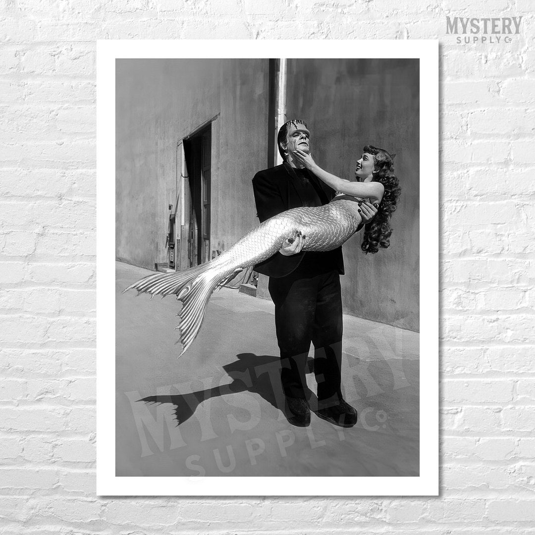 Frankenstein Carrying Mermaid 1948 Vintage Horror Movie Monster Glenn Strange Ann Blyth Mermaid Behind the Scenes Black and White Photo reproduction from Mystery Supply Co. @mysterysupplyco