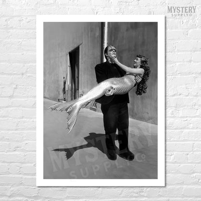 Frankenstein Carrying Mermaid 1948 Vintage Horror Movie Monster Glenn Strange Ann Blyth Mermaid Behind the Scenes Black and White Photo reproduction from Mystery Supply Co. @mysterysupplyco