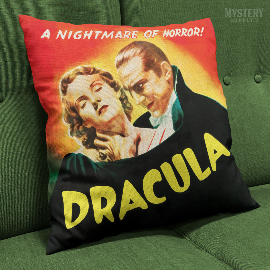 Dracula vintage horror vampire double sided decorative throw pillow home decor from Mystery Supply Co. @mysterysupplyco