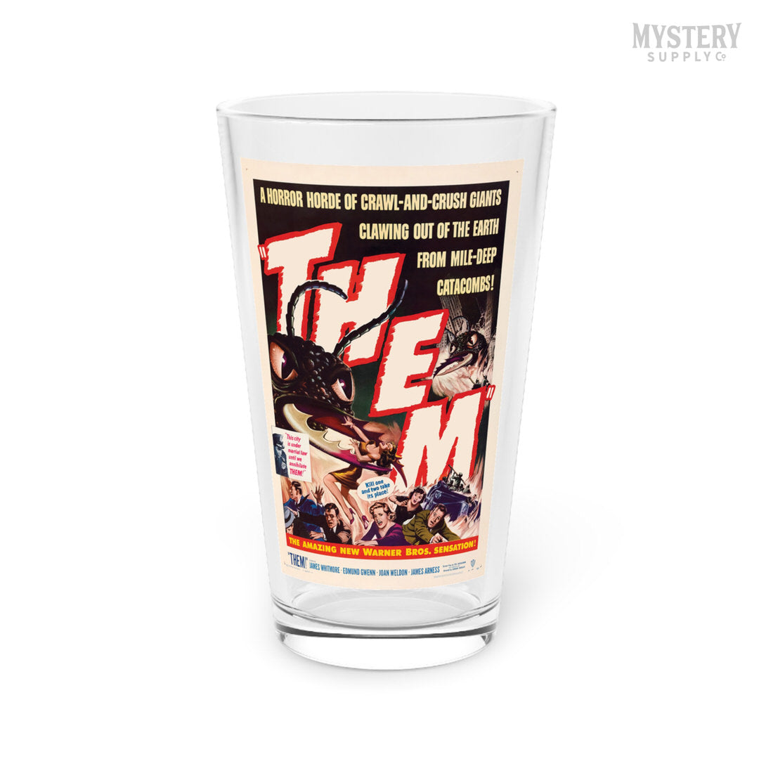 Them 1954 vintage science fiction horror monster ants movie poster reproduction 16oz pint glass home decor glassware from Mystery Supply Co. @mysterysupplyco