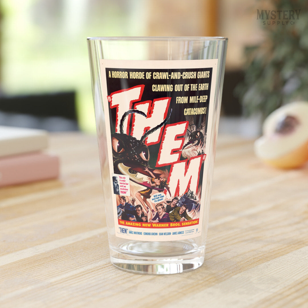 Them 1954 vintage science fiction horror monster ants movie poster reproduction 16oz pint glass home decor glassware from Mystery Supply Co. @mysterysupplyco