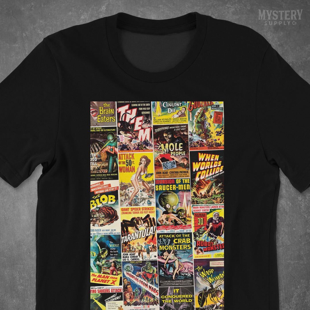 1950s Vintage Horror and Sci-Fi Movie Posters mens womens unisex crew neck t-shirt from Mystery Supply Co. @mysterysupplyco