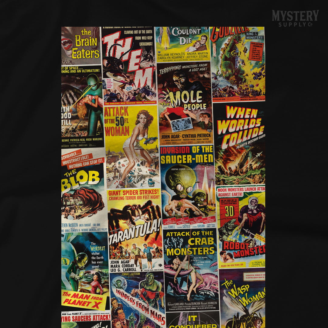 1950s Vintage Horror and Sci-Fi Movie Posters mens womens unisex crew neck t-shirt from Mystery Supply Co. @mysterysupplyco