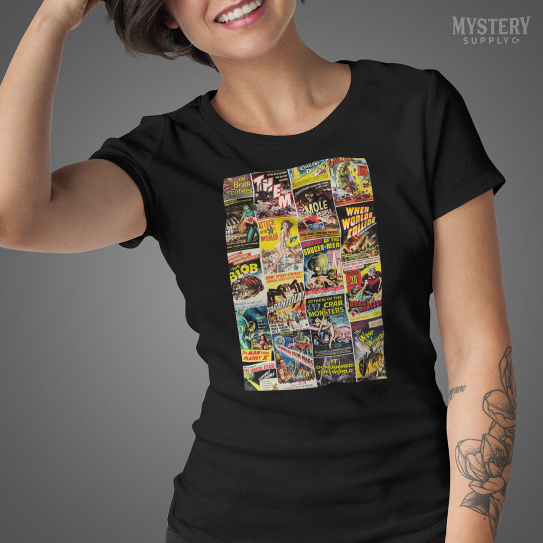 1950s Vintage Horror and Sci-Fi Movie Posters mens womens unisex crew neck t-shirt from Mystery Supply Co. @mysterysupplyco