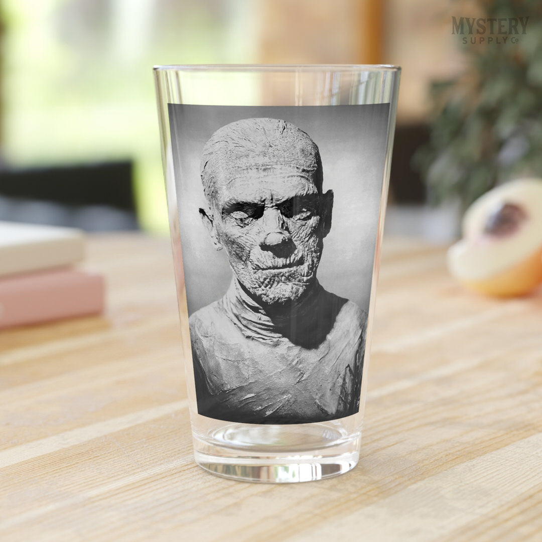 The Mummy 1932 Vintage Horror Movie Monster Boris Karloff Black and White Photo reproduction 16oz pint glass home decor glassware from Mystery Supply Co. @mysterysupplyco