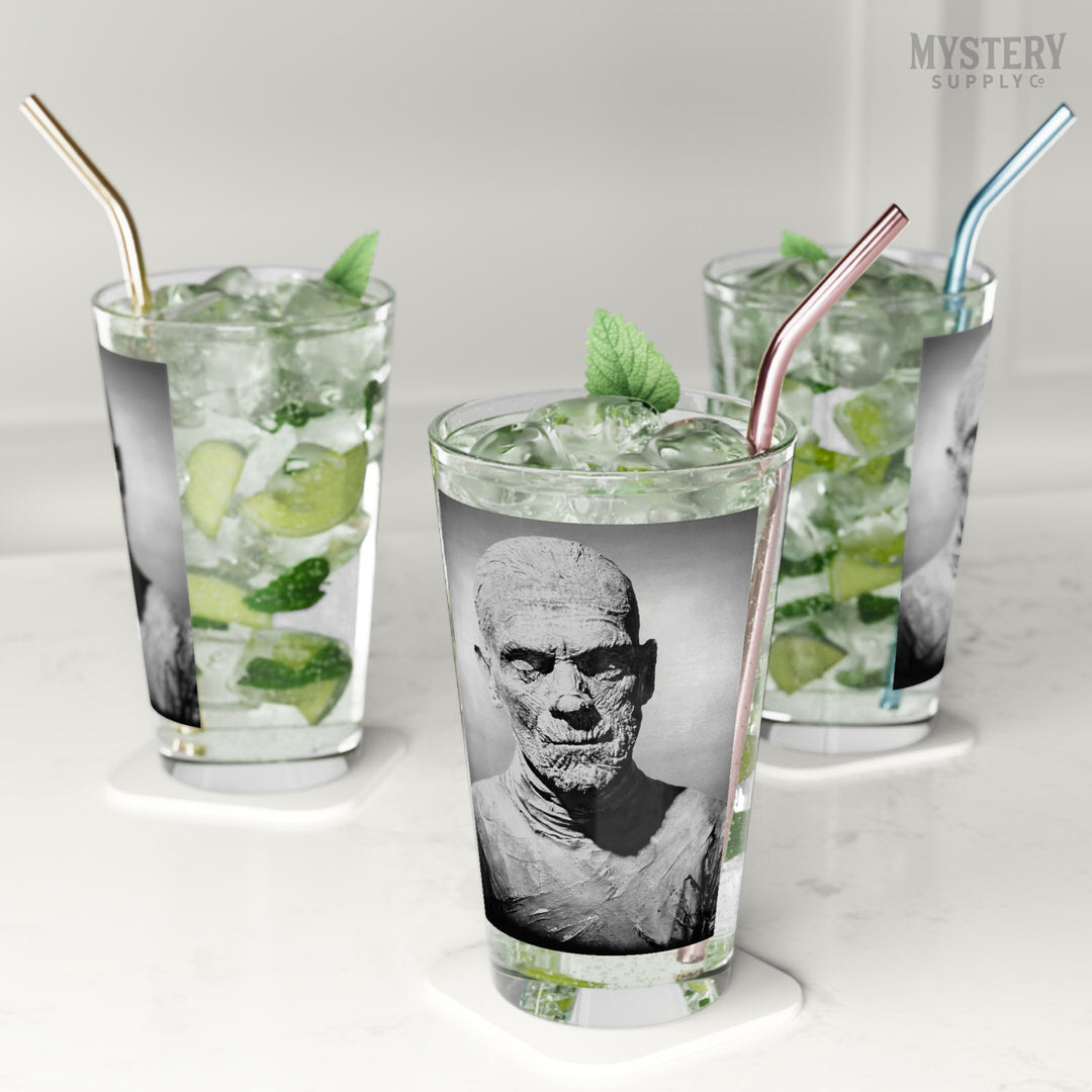 The Mummy 1932 Vintage Horror Movie Monster Boris Karloff Black and White Photo reproduction 16oz pint glass home decor glassware from Mystery Supply Co. @mysterysupplyco