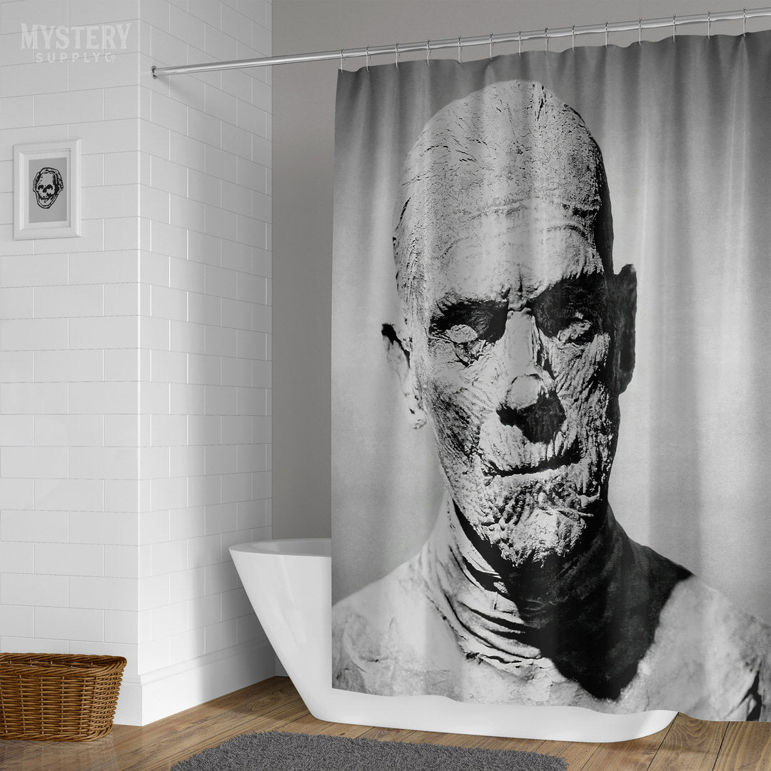 The Mummy 1932 Vintage Horror Movie Monster Boris Karloff Black and White Photo reproduction shower curtain bathroom decor from Mystery Supply Co. @mysterysupplyco