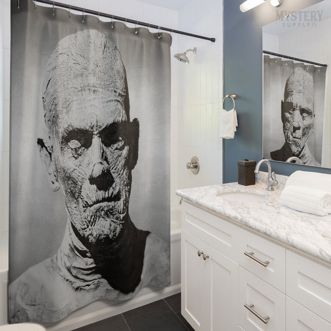 The Mummy 1932 Vintage Horror Movie Monster Boris Karloff Black and White Photo reproduction shower curtain bathroom decor from Mystery Supply Co. @mysterysupplyco