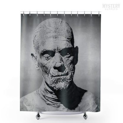 The Mummy 1932 Vintage Horror Movie Monster Boris Karloff Black and White Photo reproduction shower curtain bathroom decor from Mystery Supply Co. @mysterysupplyco