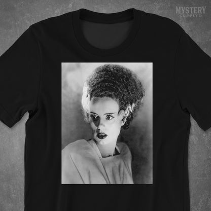 Bride of Frankenstein 1935 Vintage Elsa Lanchester Horror Movie Monster Black and White Photo reproduction mens womens unisex crew neck t-shirt from Mystery Supply Co. @mysterysupplyco