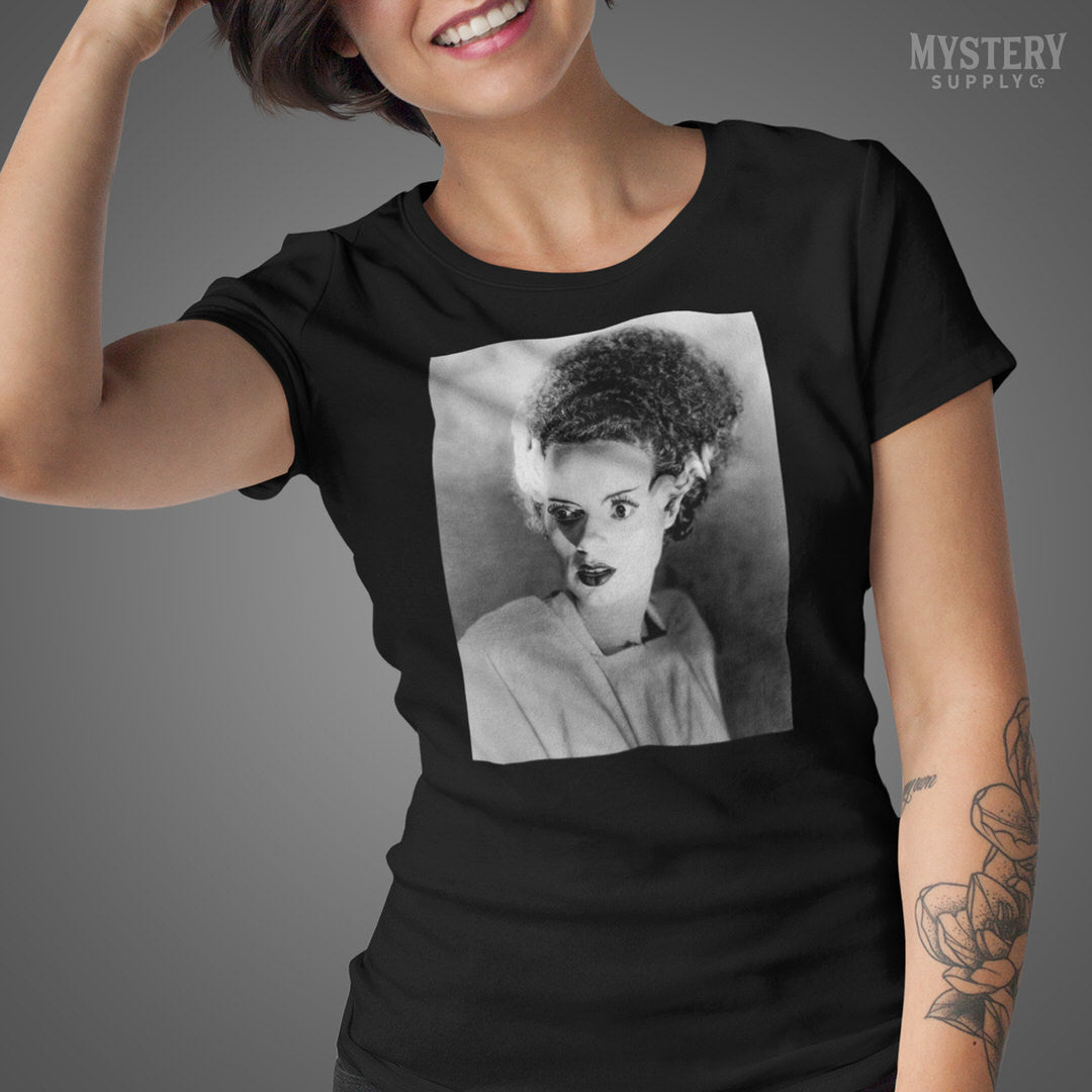 Bride of Frankenstein 1935 Vintage Elsa Lanchester Horror Movie Monster Black and White Photo reproduction mens womens unisex crew neck t-shirt from Mystery Supply Co. @mysterysupplyco