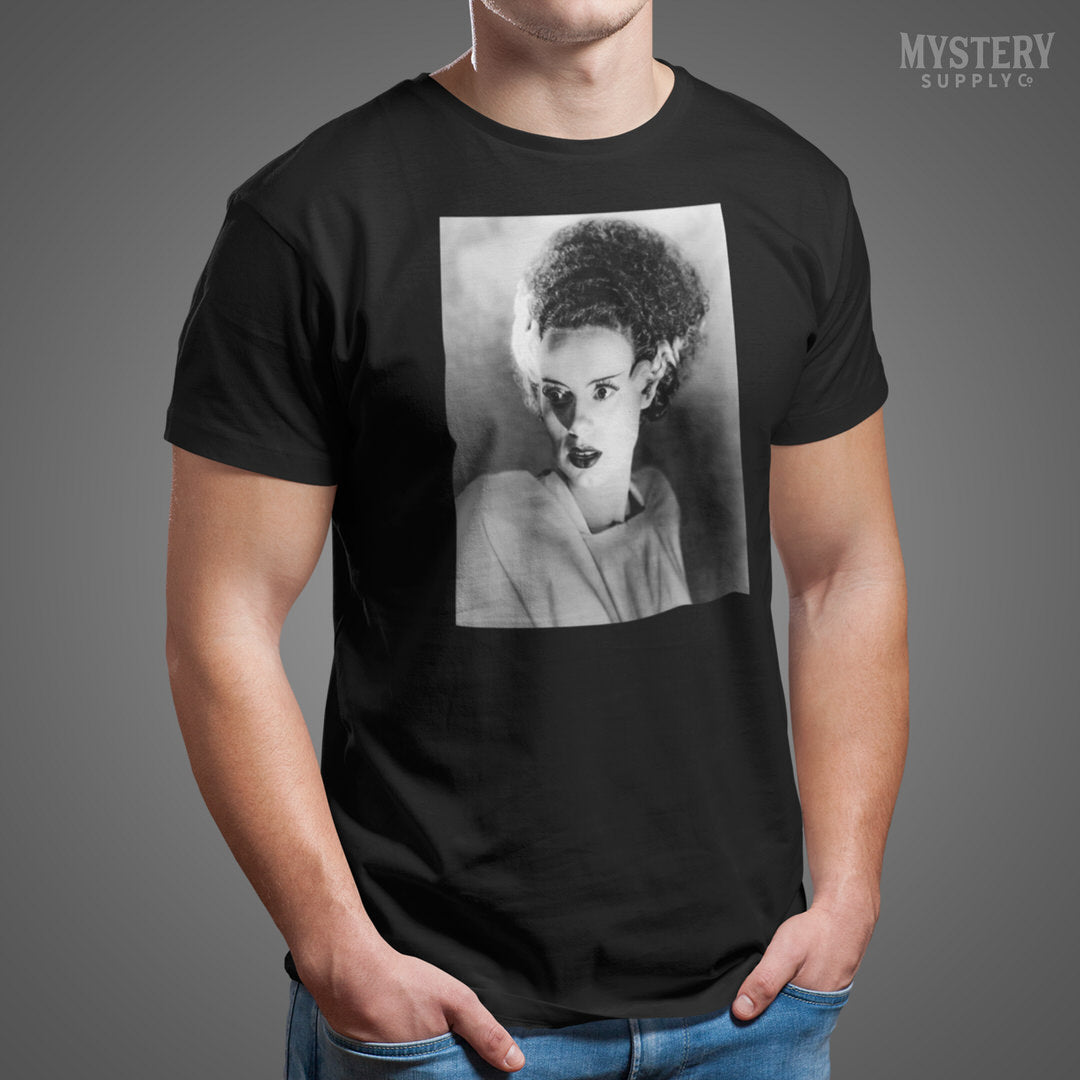 Bride of Frankenstein 1935 Vintage Elsa Lanchester Horror Movie Monster Black and White Photo reproduction mens womens unisex crew neck t-shirt from Mystery Supply Co. @mysterysupplyco