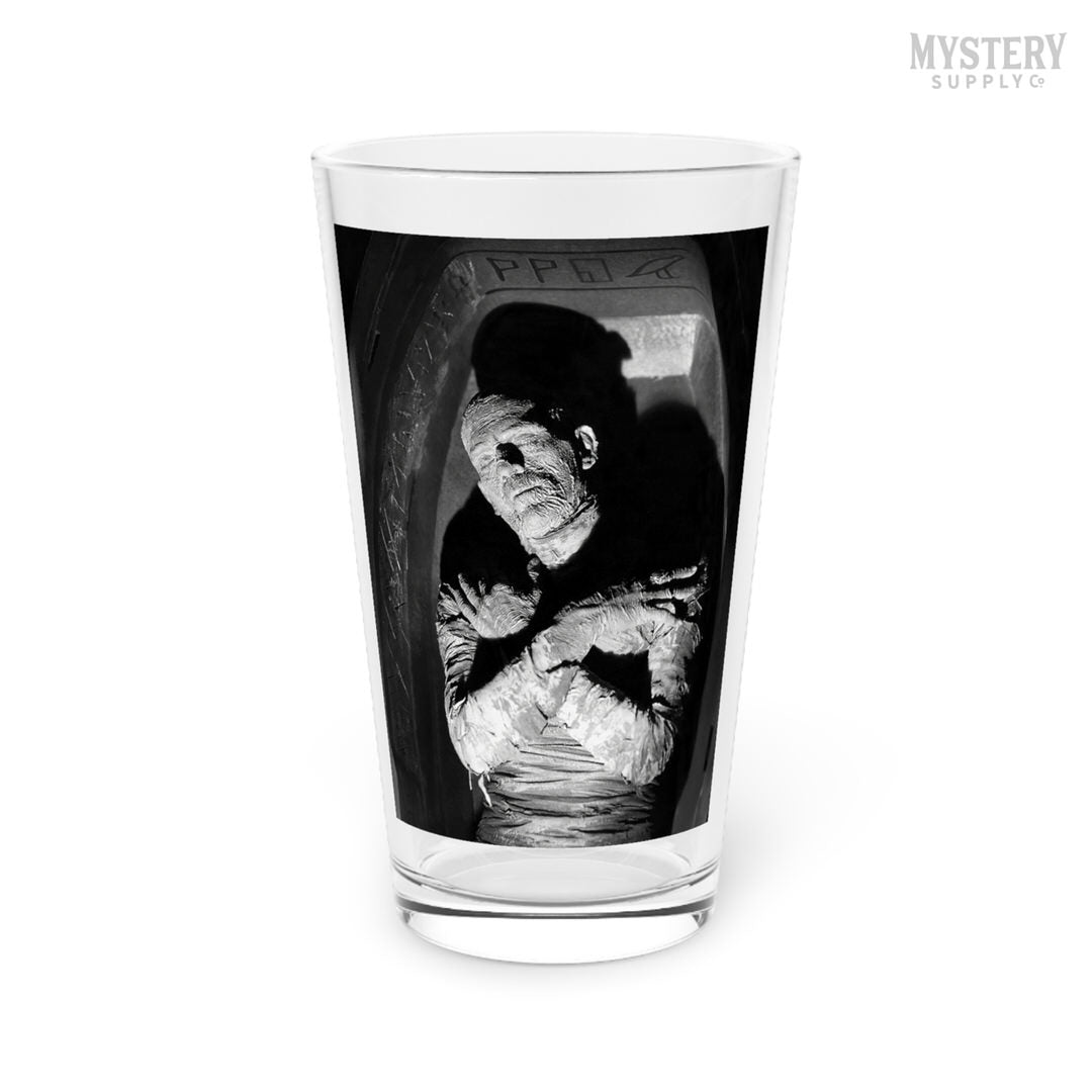 The Mummy 1932 Vintage Horror Movie Monster Boris Karloff Coffin Black and White Photo reproduction 16oz pint glass home decor glassware from Mystery Supply Co. @mysterysupplyco