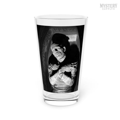 The Mummy 1932 Vintage Horror Movie Monster Boris Karloff Coffin Black and White Photo reproduction 16oz pint glass home decor glassware from Mystery Supply Co. @mysterysupplyco