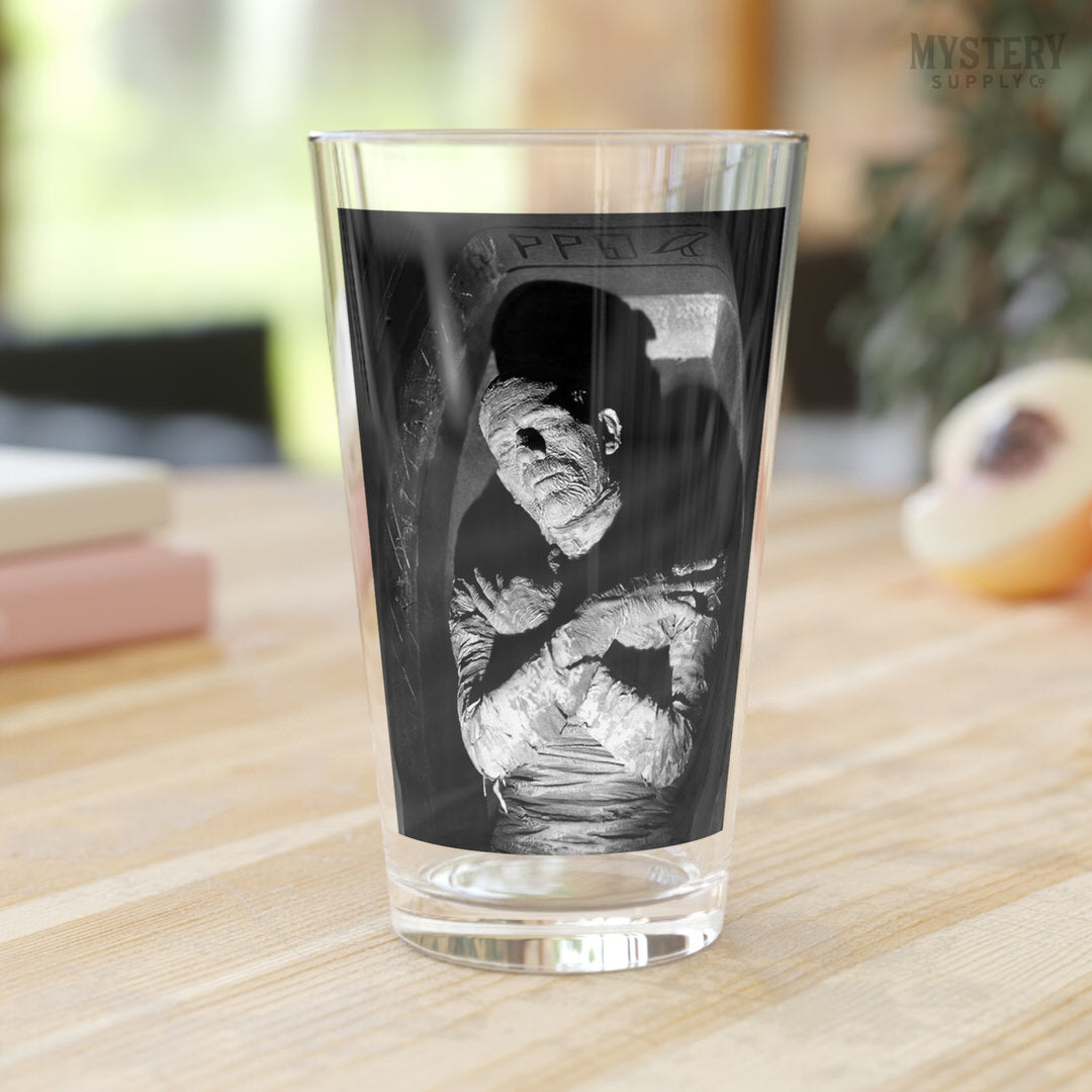 The Mummy 1932 Vintage Horror Movie Monster Boris Karloff Coffin Black and White Photo reproduction 16oz pint glass home decor glassware from Mystery Supply Co. @mysterysupplyco