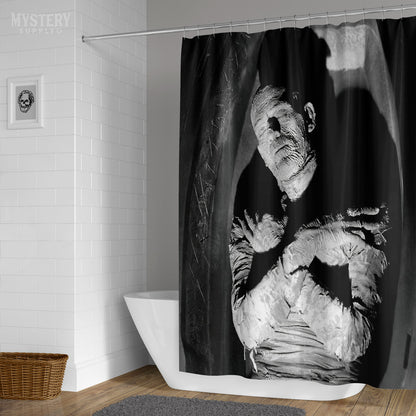 The Mummy 1932 Vintage Horror Movie Monster Boris Karloff Coffin Black and White Photo reproduction shower curtain bathroom decor from Mystery Supply Co. @mysterysupplyco